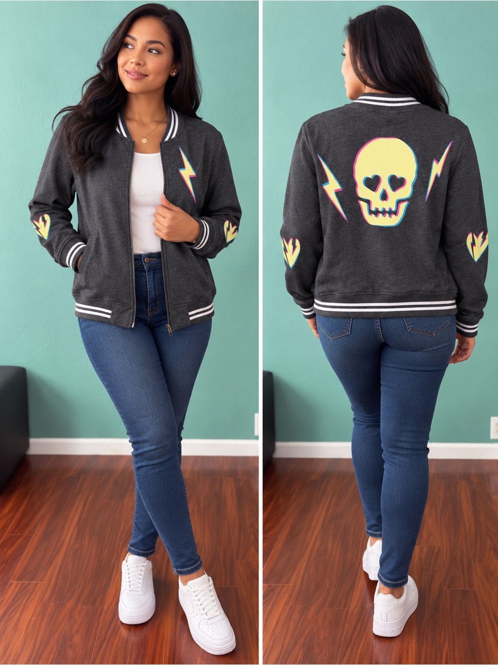 Torrid Relax Bomber Jacket Everyday Fleece Love Stick Skull Bolt Charcoal 2 (2X)